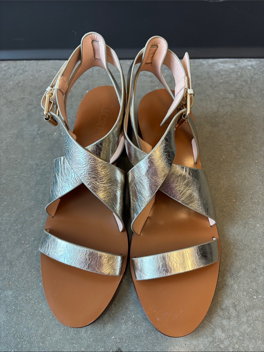 J. Crew Metallic Silver Leather Cross-Strap Women's Sandals